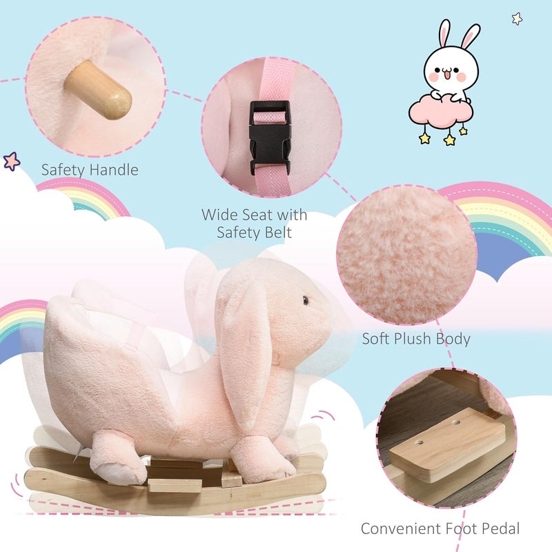 Qaba Baby Rocking Horse, Plush Rabbit Animal Rocker with Simulated Sound, Wooden Base, Seat Belt, Stuffed Rocking Chair for Toddler 18-36 Months, Pink - Image 4